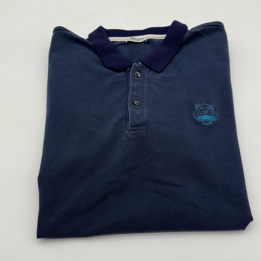 Kenzo Paris Mens Navy Blue Tiger Logo Embroidered Pique Cotton‎ Polo Shirt Large